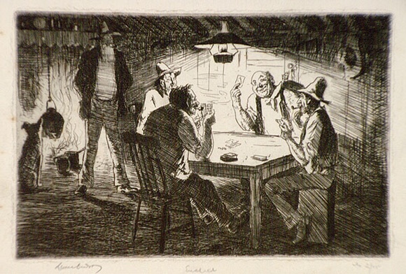 Artist: b'LINDSAY, Lionel' | Title: b'Euchred' | Date: 1937 | Technique: b'etching, printed in black ink, from one plate' | Copyright: b'Courtesy of the National Library of Australia' Artist: b'LINDSAY, Lionel' | Title: b'Euchred' | Date: 1937 | Technique: b'etching, printed in black ink, from one plate' | Copyright: b'Courtesy of the National Library of Australia'