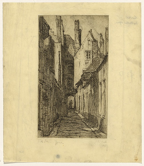 Artist: b'Traill, Jessie.' | Title: b'Side lane, Ypres' | Date: 1907 | Technique: b'etching, printed in black ink, from one plate' Artist: b'Traill, Jessie.' | Title: b'Side lane, Ypres' | Date: 1907 | Technique: b'etching, printed in black ink, from one plate'