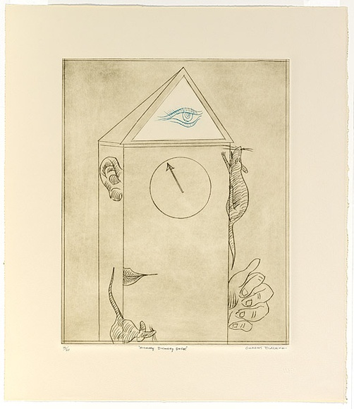 Artist: b'Blackman, Charles.' | Title: b'Hickory Dickory Dock.' | Date: c.1978 | Technique: b'etching, printed in colour with plate-tone' Artist: b'Blackman, Charles.' | Title: b'Hickory Dickory Dock.' | Date: c.1978 | Technique: b'etching, printed in colour with plate-tone'