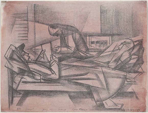 Artist: b'Hinder, Frank.' | Title: b'Margel, Jerry, Margo reading, Emu Plains' | Date: 1947 | Technique: b'transfer-lithograph, printed in colour, from two stones' Artist: b'Hinder, Frank.' | Title: b'Margel, Jerry, Margo reading, Emu Plains' | Date: 1947 | Technique: b'transfer-lithograph, printed in colour, from two stones'