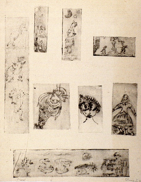 Artist: b'Shearer, Mitzi.' | Title: b'not titled [eight small pictures on one sheet]' | Date: 1980 | Technique: b'etching, printed in black ink with plate-tone, from eight plates'