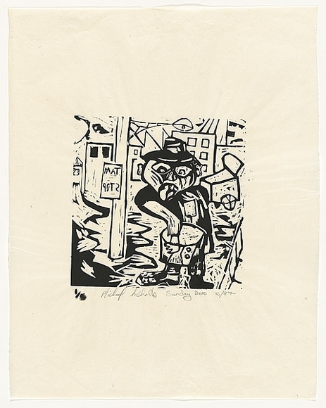 Artist: b'Nicholls, Mike.' | Title: b'Sunday dero' | Date: 1987 | Technique: b'linocut, printed in black ink, from one block'