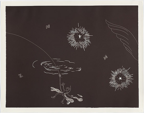 Artist: b'COLEING, Tony' | Title: b'Battlefield (wing and two large stars).' | Date: 1986 | Technique: b'linocut, printed in black ink, from one block' Artist: b'COLEING, Tony' | Title: b'Battlefield (wing and two large stars).' | Date: 1986 | Technique: b'linocut, printed in black ink, from one block'