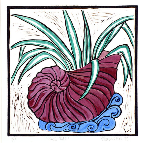 Artist: b'Varvaressos, Vicki.' | Title: b'Shell vase' | Date: 1980 | Technique: b'linocut, printed in black ink, from one block, hand-coloured' | Copyright: b'\xc2\xa9 Vicki Varvaressos'