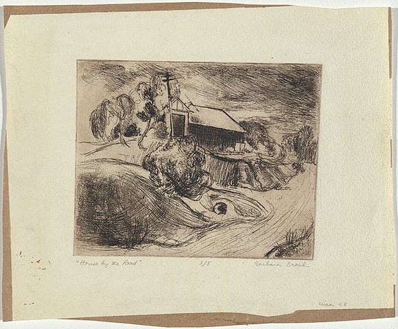 Artist: b'Brash, Barbara.' | Title: b'House by the road.' | Date: c.1948 | Technique: b'etching, printed with plate-tone in brown ink' Artist: b'Brash, Barbara.' | Title: b'House by the road.' | Date: c.1948 | Technique: b'etching, printed with plate-tone in brown ink'