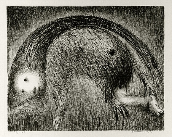 Artist: b'BOYD, Arthur' | Title: b'The Wolf of Gubbio with St Francis in a bent tree.' | Date: (1965) | Technique: b'lithograph, printed in black ink, from one plate' | Copyright: b'Reproduced with permission of Bundanon Trust' Artist: b'BOYD, Arthur' | Title: b'The Wolf of Gubbio with St Francis in a bent tree.' | Date: (1965) | Technique: b'lithograph, printed in black ink, from one plate' | Copyright: b'Reproduced with permission of Bundanon Trust'
