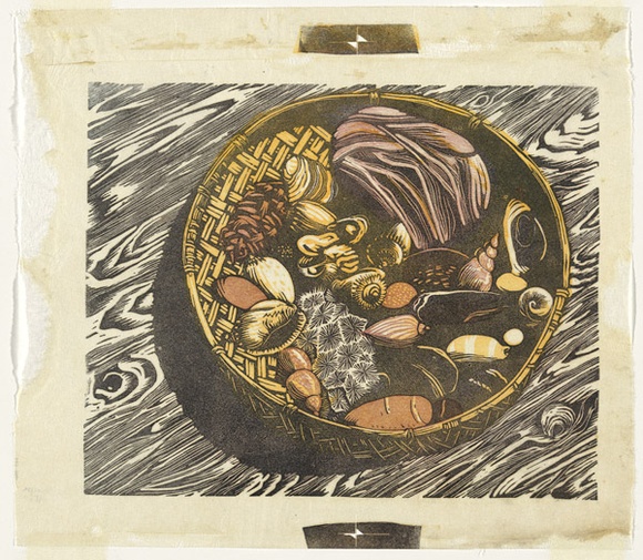 Artist: b'Thorpe, Lesbia.' | Title: b'Still life.' | Date: c.1956 | Technique: b'linocut, printed in colour, from three blocks' Artist: b'Thorpe, Lesbia.' | Title: b'Still life.' | Date: c.1956 | Technique: b'linocut, printed in colour, from three blocks'