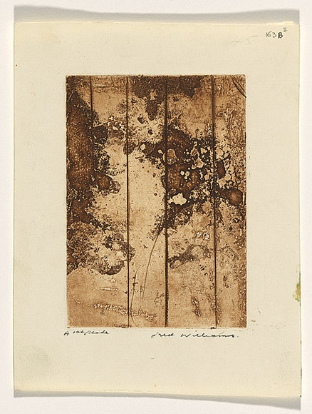 Artist: b'WILLIAMS, Fred' | Title: b'Landscape panel. Number 2' | Date: 1962 | Technique: b'sugar aquatint, engraving and drypoint, printed in sepia ink, from one zinc plate' | Copyright: b'\xc2\xa9 Fred Williams Estate' Artist: b'WILLIAMS, Fred' | Title: b'Landscape panel. Number 2' | Date: 1962 | Technique: b'sugar aquatint, engraving and drypoint, printed in sepia ink, from one zinc plate' | Copyright: b'\xc2\xa9 Fred Williams Estate'