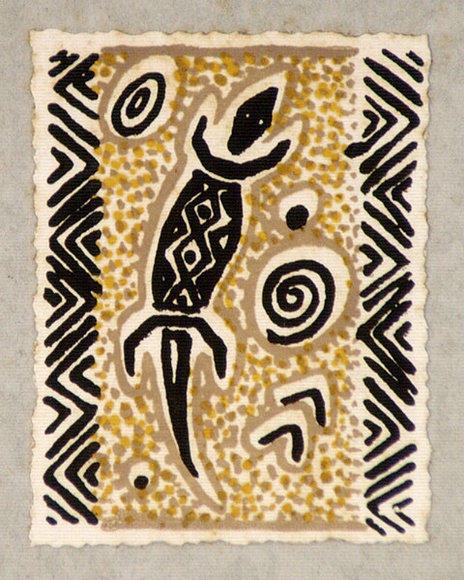 Artist: b'Palmer, Ethleen.' | Title: b'(Aboriginal style lizard)' | Date: c.1955 | Technique: b'screenprint, printed in colour, from multiple stencils' Artist: b'Palmer, Ethleen.' | Title: b'(Aboriginal style lizard)' | Date: c.1955 | Technique: b'screenprint, printed in colour, from multiple stencils'