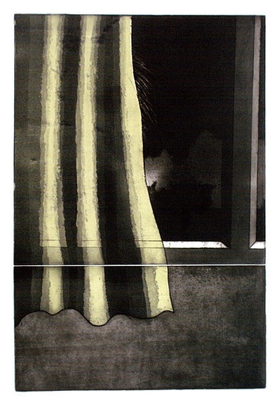 Artist: b'BALDESSIN, George' | Title: b'Curtain.' | Date: 1970 | Technique: b'etching and aquatint, printed in black ink, from two plates; stencil, printed in green ink, from one stencil.' Artist: b'BALDESSIN, George' | Title: b'Curtain.' | Date: 1970 | Technique: b'etching and aquatint, printed in black ink, from two plates; stencil, printed in green ink, from one stencil.'