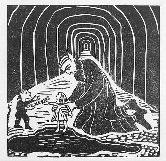 Artist: b'Allen, Joyce.' | Title: b'(Pai Korri pulls Winnie from the pond) (Illustration 5).' | Date: 1987 | Technique: b'linocut, printed in black ink, from one block; additions in black fibre-tipped pen' Artist: b'Allen, Joyce.' | Title: b'(Pai Korri pulls Winnie from the pond) (Illustration 5).' | Date: 1987 | Technique: b'linocut, printed in black ink, from one block; additions in black fibre-tipped pen'
