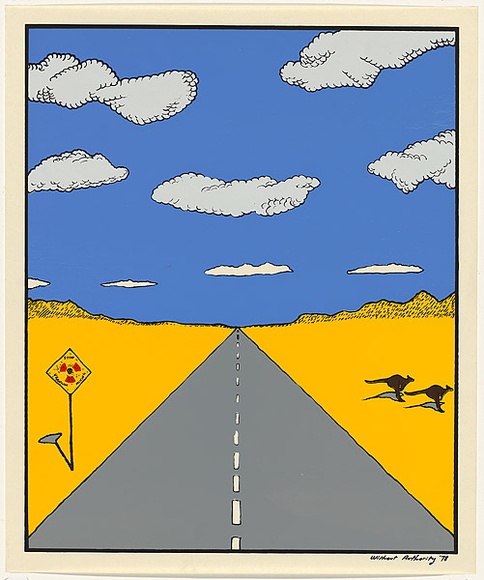 Artist: b'Without Authority.' | Title: b'Road and kangaroo' | Date: 1978 | Technique: b'screenprint, printed in colour, from five hand-cut ulano stencils and one direct photo stencil' | Copyright: b'Courtesy of the artist' Artist: b'Without Authority.' | Title: b'Road and kangaroo' | Date: 1978 | Technique: b'screenprint, printed in colour, from five hand-cut ulano stencils and one direct photo stencil' | Copyright: b'Courtesy of the artist'