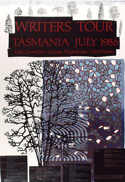 Artist: b'ARNOLD, Raymond' | Title: b'Writers tour Tasmania July 1986. Kate Llewellyn - George Papaellinas - Tim Winton.' | Date: 1986 | Technique: b'screenprint, printed in colour, from seven stencils' Artist: b'ARNOLD, Raymond' | Title: b'Writers tour Tasmania July 1986. Kate Llewellyn - George Papaellinas - Tim Winton.' | Date: 1986 | Technique: b'screenprint, printed in colour, from seven stencils'