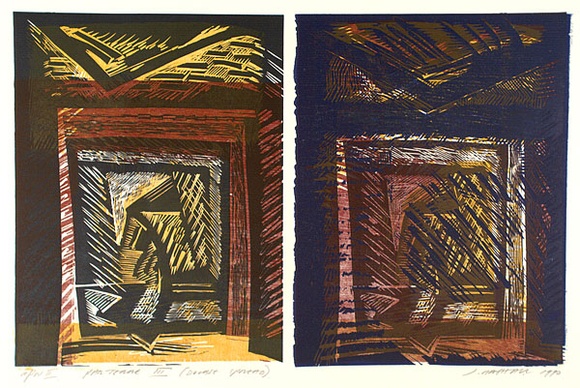 Artist: b'Marshall, Jennifer.' | Title: b'Parterre III (double spead)' | Date: 1990 | Technique: b'linocut and woodblock, printed in colour, from six blocks' Artist: b'Marshall, Jennifer.' | Title: b'Parterre III (double spead)' | Date: 1990 | Technique: b'linocut and woodblock, printed in colour, from six blocks'