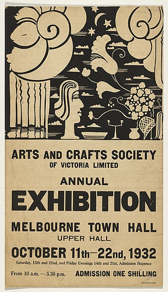 Artist: b'UNKNOWN' | Title: b'Arts and Crafts Society of Victoria Exhibition 1932 Melbourne Town Hall' | Date: 1932 | Technique: b'linocut, printed in black ink, from one block; letterpress text' Artist: b'UNKNOWN' | Title: b'Arts and Crafts Society of Victoria Exhibition 1932 Melbourne Town Hall' | Date: 1932 | Technique: b'linocut, printed in black ink, from one block; letterpress text'