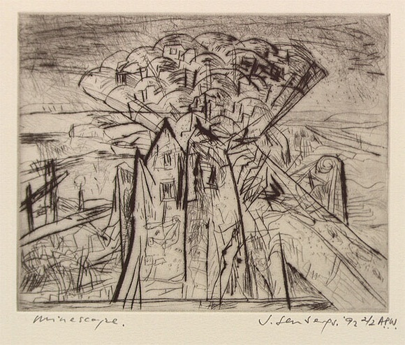 Artist: b'Senbergs, Jan.' | Title: b'Minescape' | Date: 1992 | Technique: b'drypoint and etching, printed in black ink, from one plate' | Copyright: b'\xc2\xa9 Jan Senbergs' Artist: b'Senbergs, Jan.' | Title: b'Minescape' | Date: 1992 | Technique: b'drypoint and etching, printed in black ink, from one plate' | Copyright: b'\xc2\xa9 Jan Senbergs'