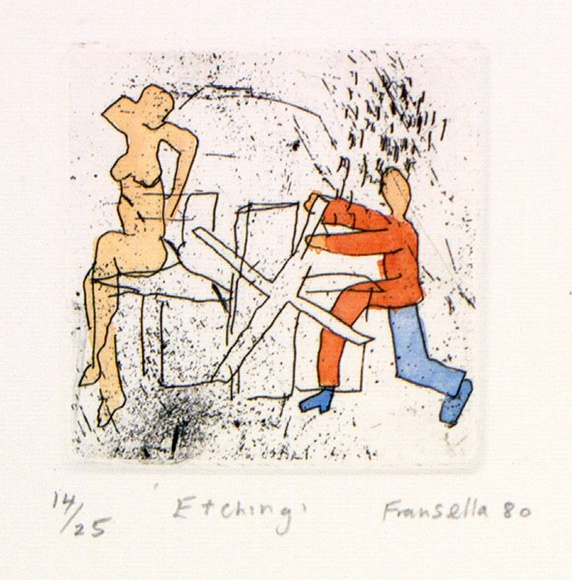 Artist: b'Fransella, Graham.' | Title: b'Etching.' | Date: 1980 | Technique: b'etching, printed in black ink, from one plate; hand-coloured' | Copyright: b'Courtesy of the artist' Artist: b'Fransella, Graham.' | Title: b'Etching.' | Date: 1980 | Technique: b'etching, printed in black ink, from one plate; hand-coloured' | Copyright: b'Courtesy of the artist'