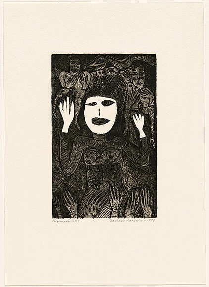 Artist: b'HANRAHAN, Barbara' | Title: b'Performance' | Date: 1989 | Technique: b'etching, printed in black ink, from one plate' Artist: b'HANRAHAN, Barbara' | Title: b'Performance' | Date: 1989 | Technique: b'etching, printed in black ink, from one plate'