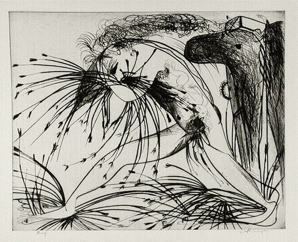 Artist: b'BOYD, Arthur' | Title: b'Nebuchadnezzar with beast and cornstalks.' | Date: (1968-69) | Technique: b'etching and drypoint, printed in black ink, from one plate' | Copyright: b'Reproduced with permission of Bundanon Trust' Artist: b'BOYD, Arthur' | Title: b'Nebuchadnezzar with beast and cornstalks.' | Date: (1968-69) | Technique: b'etching and drypoint, printed in black ink, from one plate' | Copyright: b'Reproduced with permission of Bundanon Trust'