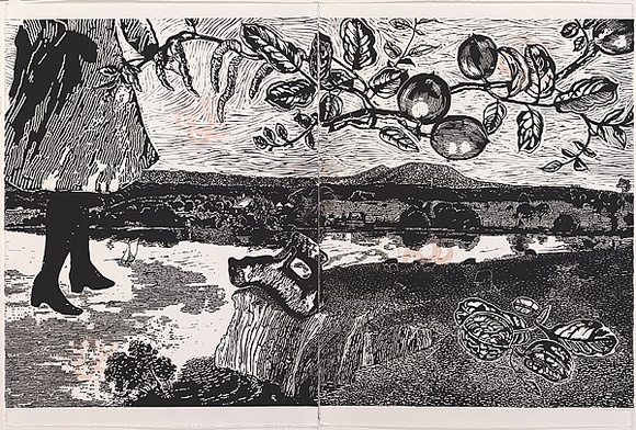 Artist: b'Manifold, Marion.' | Title: b'Spring: Purrumbete from across the lake' | Date: 2007 | Technique: b'linocut, printed in black and red ink, from two blocks' Artist: b'Manifold, Marion.' | Title: b'Spring: Purrumbete from across the lake' | Date: 2007 | Technique: b'linocut, printed in black and red ink, from two blocks'