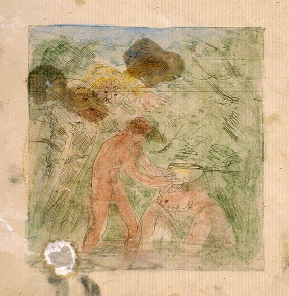 Artist: b'BOYD, Arthur' | Title: b'(Figure with bowl).' | Date: 1960-70 | Technique: b'etching, printed in black ink, from one plate; hand-coloured' | Copyright: b'Reproduced with permission of Bundanon Trust' Artist: b'BOYD, Arthur' | Title: b'(Figure with bowl).' | Date: 1960-70 | Technique: b'etching, printed in black ink, from one plate; hand-coloured' | Copyright: b'Reproduced with permission of Bundanon Trust'