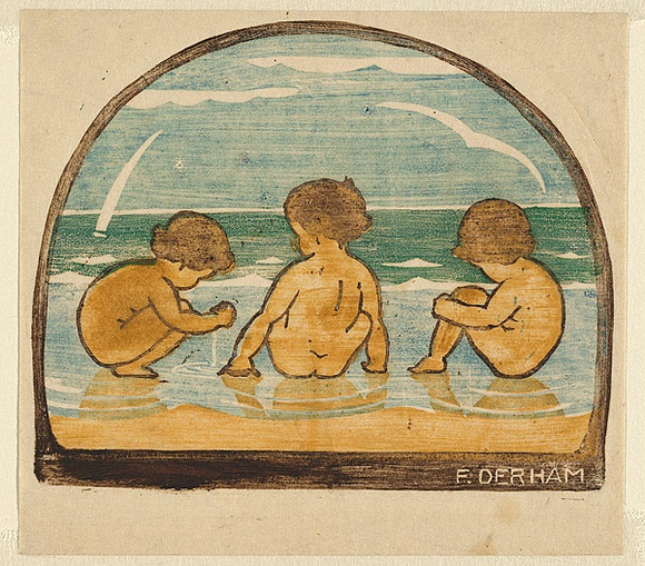 Artist: b'Derham, Frances.' | Title: b'(Tom, David and Bill at the seaside).' | Date: 1931 | Technique: b'linocut, printed in colour, from multiple blocks' Artist: b'Derham, Frances.' | Title: b'(Tom, David and Bill at the seaside).' | Date: 1931 | Technique: b'linocut, printed in colour, from multiple blocks'