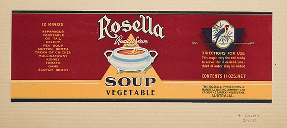 Artist: b'Burdett, Frank.' | Title: b'Label: Rosella, vegetable soup.' | Date: 1932 | Technique: b'lithograph, printed in colour, from multiple blocks' Artist: b'Burdett, Frank.' | Title: b'Label: Rosella, vegetable soup.' | Date: 1932 | Technique: b'lithograph, printed in colour, from multiple blocks'