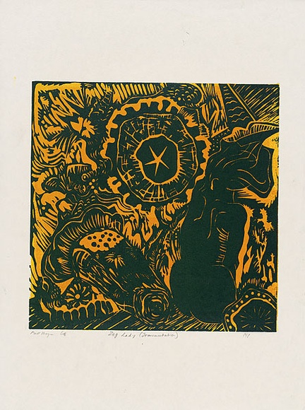 Artist: b'MEYER, Bill' | Title: b'Zog lady (transmutation)' | Date: 1961 | Technique: b'linocut, printed in two colours, from one block (reduction process)' | Copyright: b'\xc2\xa9 Bill Meyer' Artist: b'MEYER, Bill' | Title: b'Zog lady (transmutation)' | Date: 1961 | Technique: b'linocut, printed in two colours, from one block (reduction process)' | Copyright: b'\xc2\xa9 Bill Meyer'