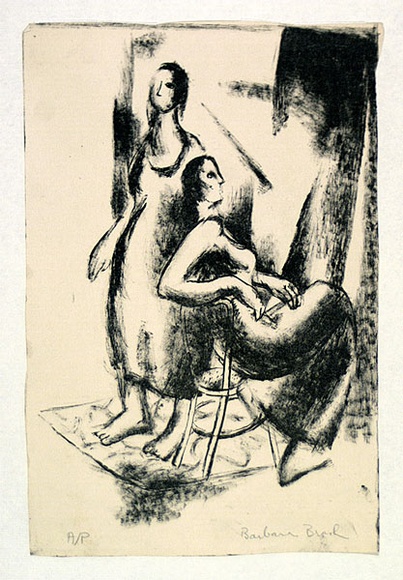Artist: b'Brash, Barbara.' | Title: b'(Woman seated, woman standing).' | Date: 1950s | Technique: b'lithograph, printed in black ink, from one plate' Artist: b'Brash, Barbara.' | Title: b'(Woman seated, woman standing).' | Date: 1950s | Technique: b'lithograph, printed in black ink, from one plate'