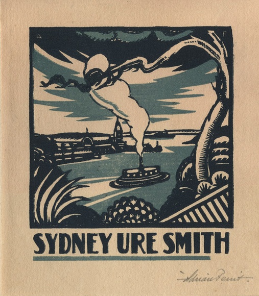 Artist: b'FEINT, Adrian' | Title: b'Bookplate: Sydney Ure Smith.' | Date: (1927) | Technique: b'wood-engraving, printed in colour, from two blocks in light and dark blue inks' | Copyright: b'Courtesy the Estate of Adrian Feint' Artist: b'FEINT, Adrian' | Title: b'Bookplate: Sydney Ure Smith.' | Date: (1927) | Technique: b'wood-engraving, printed in colour, from two blocks in light and dark blue inks' | Copyright: b'Courtesy the Estate of Adrian Feint'