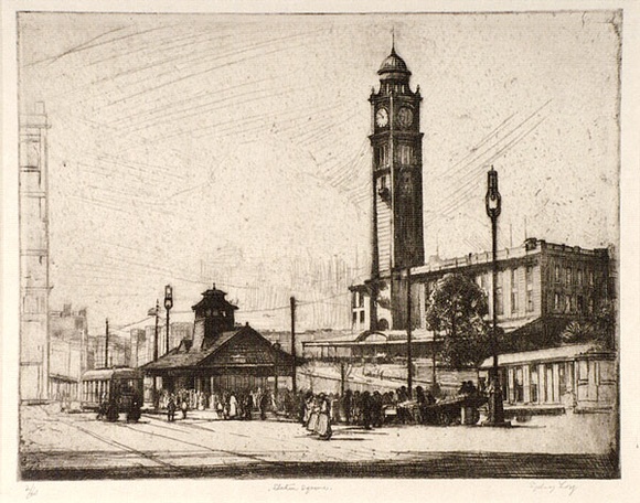 Artist: b'Long, Sydney.' | Title: b'Station Square [1]' | Date: 1927 | Technique: b'line-etching, drypoint printed in brown ink, from one copper plate' | Copyright: b'Reproduced with the kind permission of the Ophthalmic Research Institute of Australia'