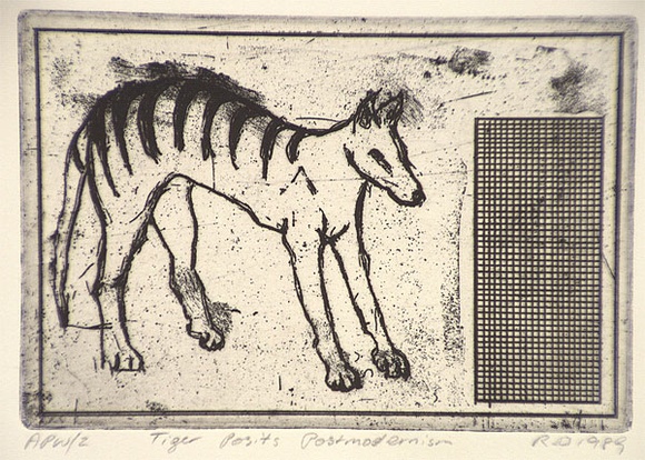Artist: b'Daw, Robyn.' | Title: b'Tiger posits post-modernism' | Date: 1989, November | Technique: b'etching, printed in black ink, from one plate' Artist: b'Daw, Robyn.' | Title: b'Tiger posits post-modernism' | Date: 1989, November | Technique: b'etching, printed in black ink, from one plate'