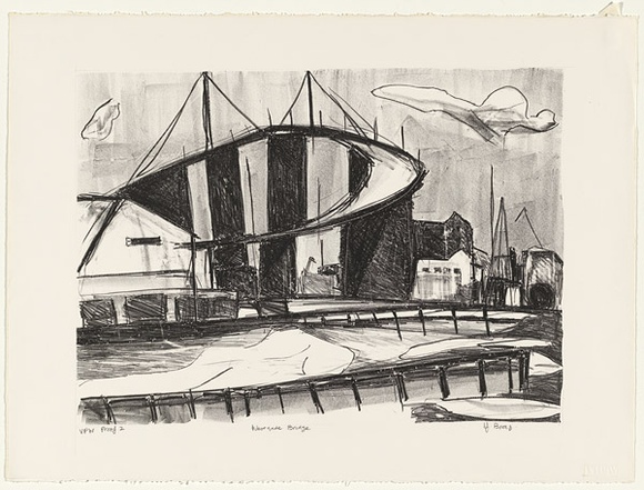Artist: b'Boag, Yvonne.' | Title: b'Westgate Bridge' | Date: 1980s | Technique: b'lithograph, printed in black ink, fron one stone' | Copyright: b'\xc2\xa9 Yvonne Boag' Artist: b'Boag, Yvonne.' | Title: b'Westgate Bridge' | Date: 1980s | Technique: b'lithograph, printed in black ink, fron one stone' | Copyright: b'\xc2\xa9 Yvonne Boag'