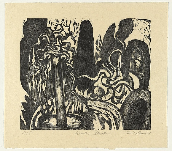 Artist: b'AMOR, Rick' | Title: b'Garden Baxter.' | Date: 1985 | Technique: b'woodcut, printed in black ink, from one block'