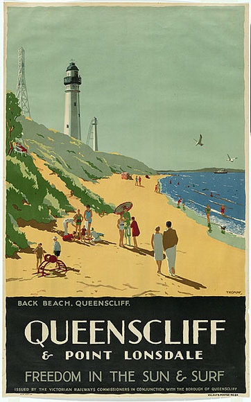 Artist: b'TROMPF, Percy' | Title: b'Queenscliff and Point Lonsdale. Freedom in the sun and surf.' | Date: c.1935 | Technique: b'lithograph, printed in colour, from multiple stones' Artist: b'TROMPF, Percy' | Title: b'Queenscliff and Point Lonsdale. Freedom in the sun and surf.' | Date: c.1935 | Technique: b'lithograph, printed in colour, from multiple stones'