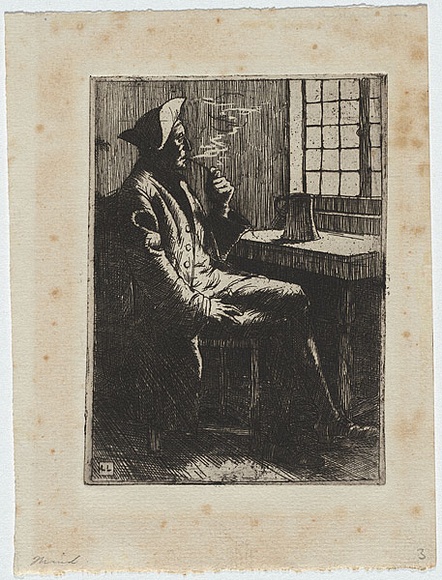Artist: b'LINDSAY, Lionel' | Title: b'The smoker.' | Date: 1898 | Technique: b'etching and aquatint, printed in black ink, from one plate' | Copyright: b'Courtesy of the National Library of Australia' Artist: b'LINDSAY, Lionel' | Title: b'The smoker.' | Date: 1898 | Technique: b'etching and aquatint, printed in black ink, from one plate' | Copyright: b'Courtesy of the National Library of Australia'