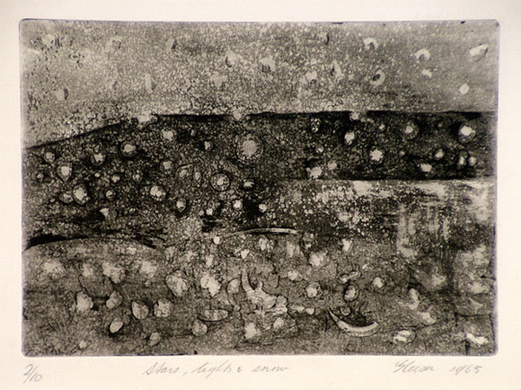 Artist: b'Gleeson, William.' | Title: b'Stars, light and snow' | Date: 1965 | Technique: b'etching, printed in black ink, from one plate' | Copyright: b'This work appears on screen courtesy of the artist' Artist: b'Gleeson, William.' | Title: b'Stars, light and snow' | Date: 1965 | Technique: b'etching, printed in black ink, from one plate' | Copyright: b'This work appears on screen courtesy of the artist'