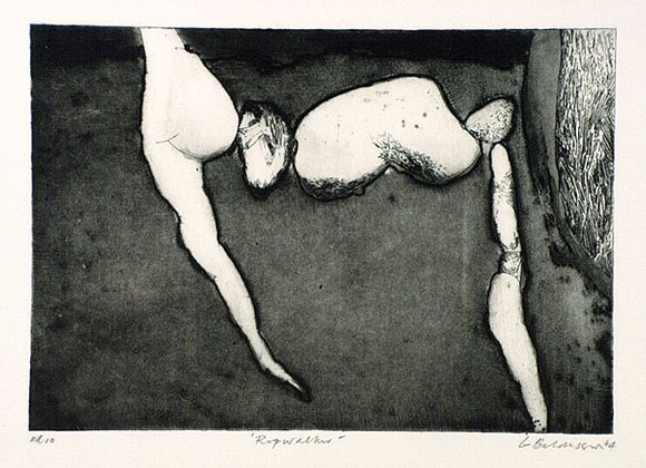 Artist: b'BALDESSIN, George' | Title: b'Ropewalker.' | Date: 1964 | Technique: b'etching and aquatint, printed in black ink, from one plate' Artist: b'BALDESSIN, George' | Title: b'Ropewalker.' | Date: 1964 | Technique: b'etching and aquatint, printed in black ink, from one plate'