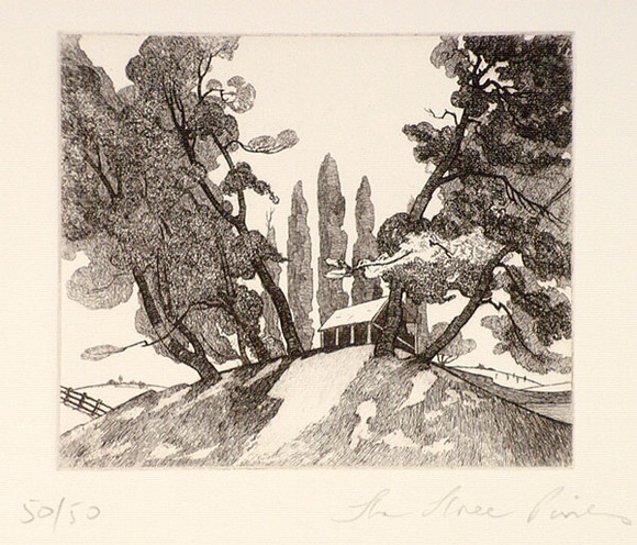 Artist: b'FEINT, Adrian' | Title: b'The three pines.' | Date: c.1925 | Technique: b'etching, printed in black ink, from one plate' | Copyright: b'Courtesy the Estate of Adrian Feint' Artist: b'FEINT, Adrian' | Title: b'The three pines.' | Date: c.1925 | Technique: b'etching, printed in black ink, from one plate' | Copyright: b'Courtesy the Estate of Adrian Feint'