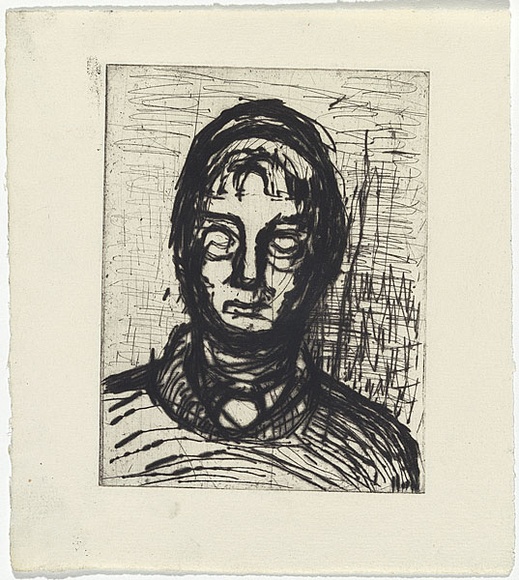 Artist: b'MADDOCK, Bea' | Title: b'Self-portrait, Slade' | Date: 1960 | Technique: b'drypoint, printed in black ink, from one copper plate' Artist: b'MADDOCK, Bea' | Title: b'Self-portrait, Slade' | Date: 1960 | Technique: b'drypoint, printed in black ink, from one copper plate'
