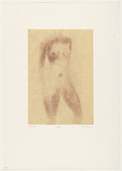 Artist: b'Defteros, June.' | Title: b'Nubile' | Date: c1994 | Technique: b'sugarlift aquatint, printed in red-purple ink, from one plate' Artist: b'Defteros, June.' | Title: b'Nubile' | Date: c1994 | Technique: b'sugarlift aquatint, printed in red-purple ink, from one plate'