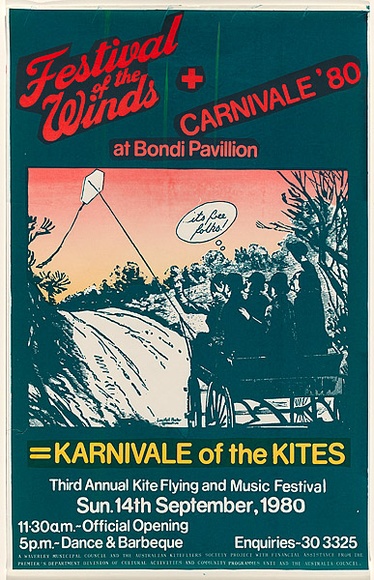Artist: b'Lane, Leonie.' | Title: bFestival of the winds + Carnivale '80 at Bondi Pavilion. | Date: 1980 | Technique: b'screenprint, printed in colour, from two stencils' | Copyright: b'\xc2\xa9 Leonie Lane' Artist: b'Lane, Leonie.' | Title: bFestival of the winds + Carnivale '80 at Bondi Pavilion. | Date: 1980 | Technique: b'screenprint, printed in colour, from two stencils' | Copyright: b'\xc2\xa9 Leonie Lane'