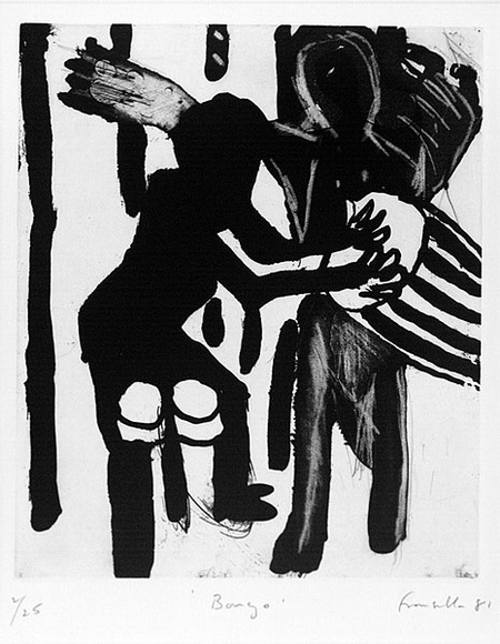 Artist: b'Fransella, Graham.' | Title: b'Bongo'. | Date: 1981 | Technique: b'aquatint, burnished aquatint and burnishing, printed in black ink, from one plate; hand-coloured' | Copyright: b'Courtesy of the artist' Artist: b'Fransella, Graham.' | Title: b'Bongo'. | Date: 1981 | Technique: b'aquatint, burnished aquatint and burnishing, printed in black ink, from one plate; hand-coloured' | Copyright: b'Courtesy of the artist'