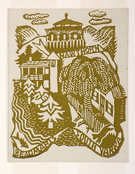 Artist: b'OGILVIE, Helen' | Title: b'Greeting card: Christmas and change of address M. Turner Shaw' | Date: c.1940 | Technique: b'linocut, printed in yellow/green, from one block' Artist: b'OGILVIE, Helen' | Title: b'Greeting card: Christmas and change of address M. Turner Shaw' | Date: c.1940 | Technique: b'linocut, printed in yellow/green, from one block'