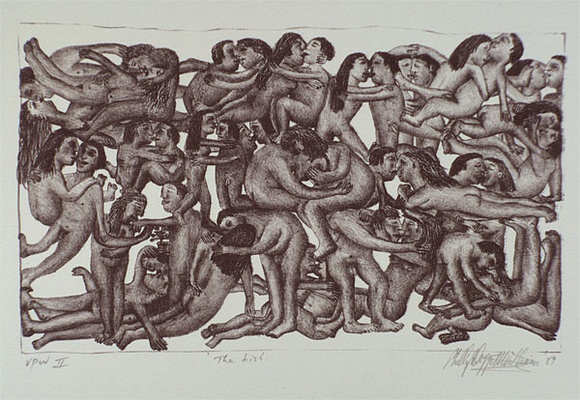 Artist: b'Doggett-Williams, Phillip.' | Title: b'The kiss' | Date: 1989 | Technique: b'lithograph, printed in sepia ink, from one stone' Artist: b'Doggett-Williams, Phillip.' | Title: b'The kiss' | Date: 1989 | Technique: b'lithograph, printed in sepia ink, from one stone'