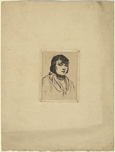 Artist: b'Bell, George..' | Title: b'(Head of a gypsy girl).' | Date: 1912 | Technique: b'etching and foul biting, printed in warm black ink with plate-tone, from one copper plate' Artist: b'Bell, George..' | Title: b'(Head of a gypsy girl).' | Date: 1912 | Technique: b'etching and foul biting, printed in warm black ink with plate-tone, from one copper plate'