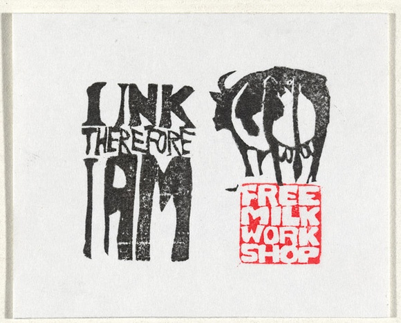 Artist: b'Sparke, Franki.' | Title: b'Business card: I ink therefore I am' | Date: 1985 | Technique: b'linocut, printed in colour, from multiple blocks' Artist: b'Sparke, Franki.' | Title: b'Business card: I ink therefore I am' | Date: 1985 | Technique: b'linocut, printed in colour, from multiple blocks'