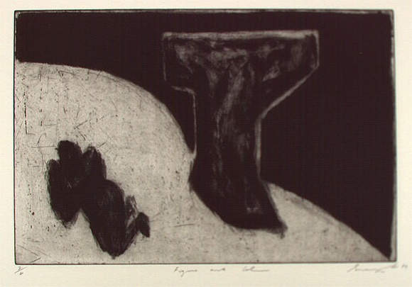 Artist: b'Lee, Graeme.' | Title: b'Figure and column' | Date: 1989 | Technique: b'etching, aquatint and sugarlift, printed in black ink with plate-tone, from one plate' Artist: b'Lee, Graeme.' | Title: b'Figure and column' | Date: 1989 | Technique: b'etching, aquatint and sugarlift, printed in black ink with plate-tone, from one plate'