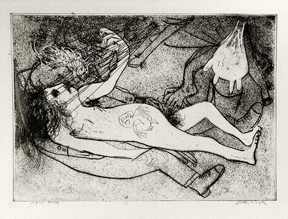 Artist: b'BOYD, Arthur' | Title: b'Pregnant woman with soldier.' | Date: 1960-70 | Technique: b'etching, printed in black ink, from one plate' | Copyright: b'Reproduced with permission of Bundanon Trust' Artist: b'BOYD, Arthur' | Title: b'Pregnant woman with soldier.' | Date: 1960-70 | Technique: b'etching, printed in black ink, from one plate' | Copyright: b'Reproduced with permission of Bundanon Trust'