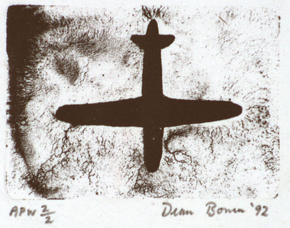 Artist: b'Bowen, Dean.' | Title: b'not titled (aeroplane)' | Date: 1992 | Technique: b'etching, printed in black ink, from one block' Artist: b'Bowen, Dean.' | Title: b'not titled (aeroplane)' | Date: 1992 | Technique: b'etching, printed in black ink, from one block'